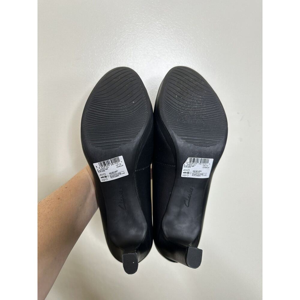 Clarks Ambyr Joy High-Heel Black Leather Satin Platform Pumps Size 9.5M Round - Picture 10 of 11